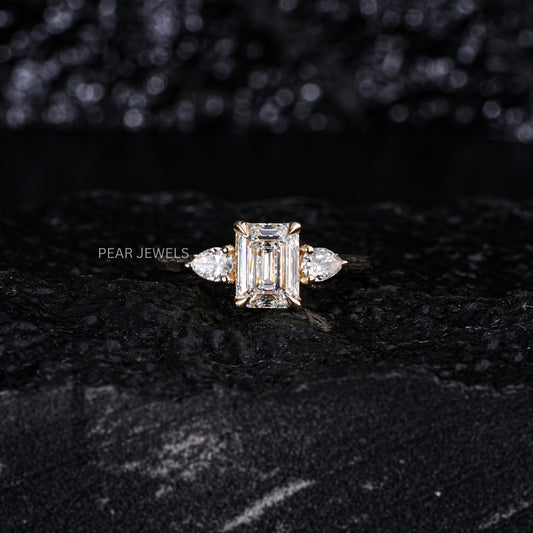 1.5Ct Emerald & Pear Three Stone Labgrown Diamond Engagement Ring - Pear Jewels
