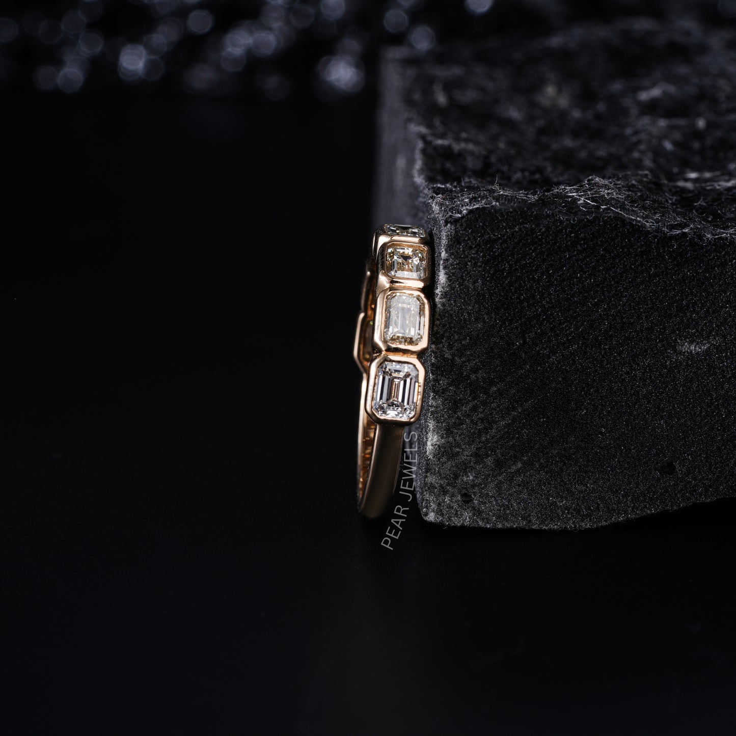 Seven Stone Emerald Bezel Setting Half Eternity Labgrown Diamond Band - Pear Jewels