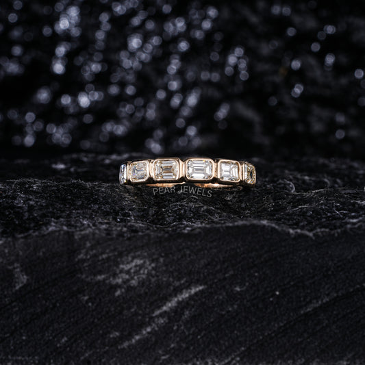 Seven Stone Emerald Bezel Setting Half Eternity Labgrown Diamond Band - Pear Jewels