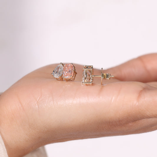 Pear & Pink Cushion Lab Grown Diamond Stud Earrings 5CTW – Two Tone Statement Earrings