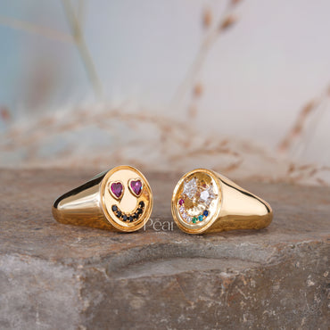 Smiley Signet Ring With Lab grown Diamond & Gemstones - Pear Jewels
