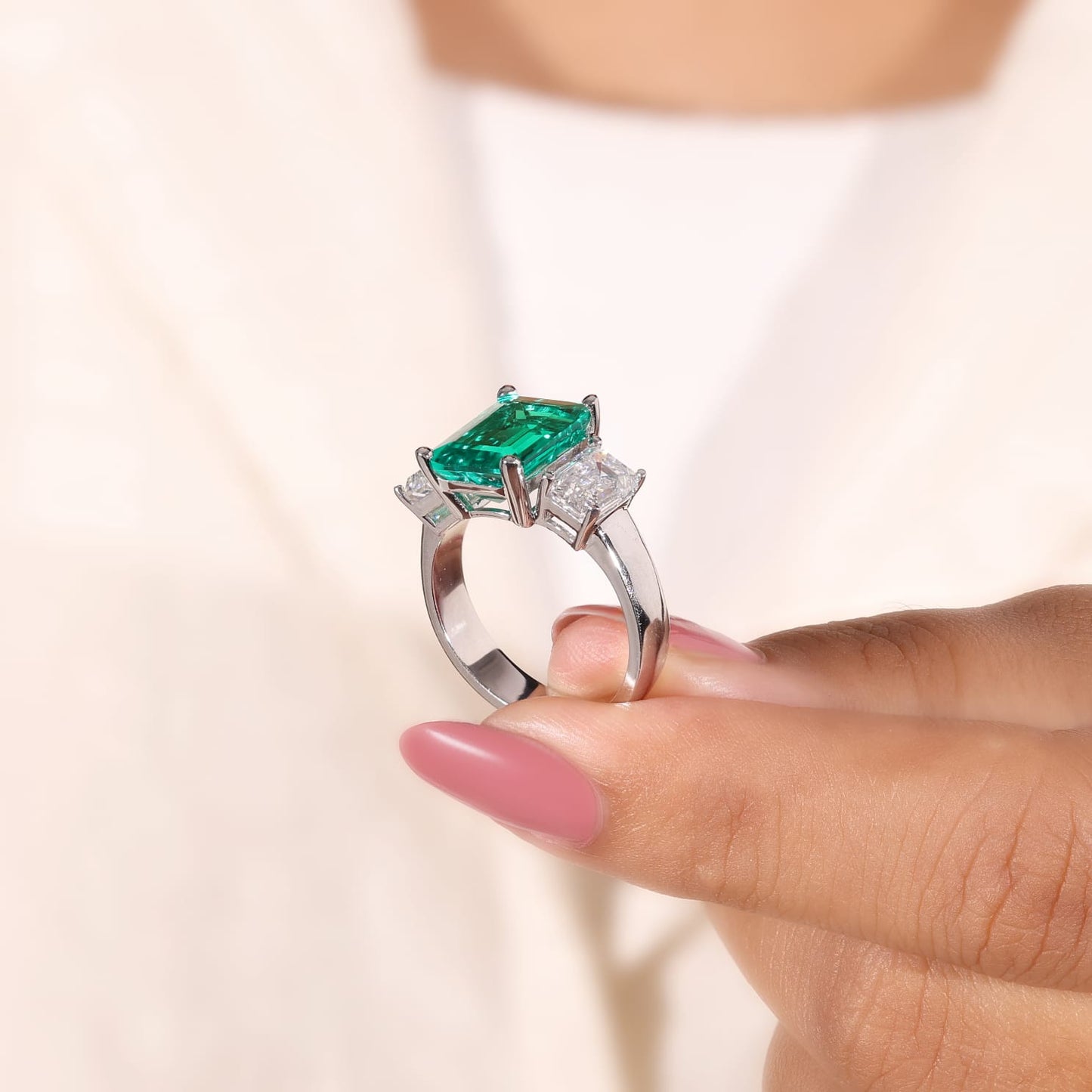 3ct Emerald Cut Lab Grown Diamond Ring with Side Stones 5ct Total | IGI Certified