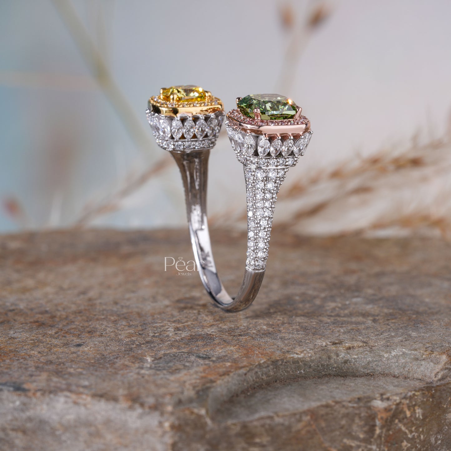 Green & Yellow Cushion Lab grown Toi et Moi Ring - Pear Jewels