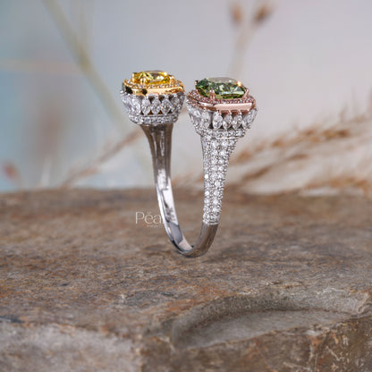 Green & Yellow Cushion Lab grown Toi et Moi Ring - Pear Jewels