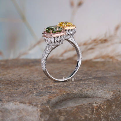 Green & Yellow Cushion Lab grown Toi et Moi Ring - Pear Jewels