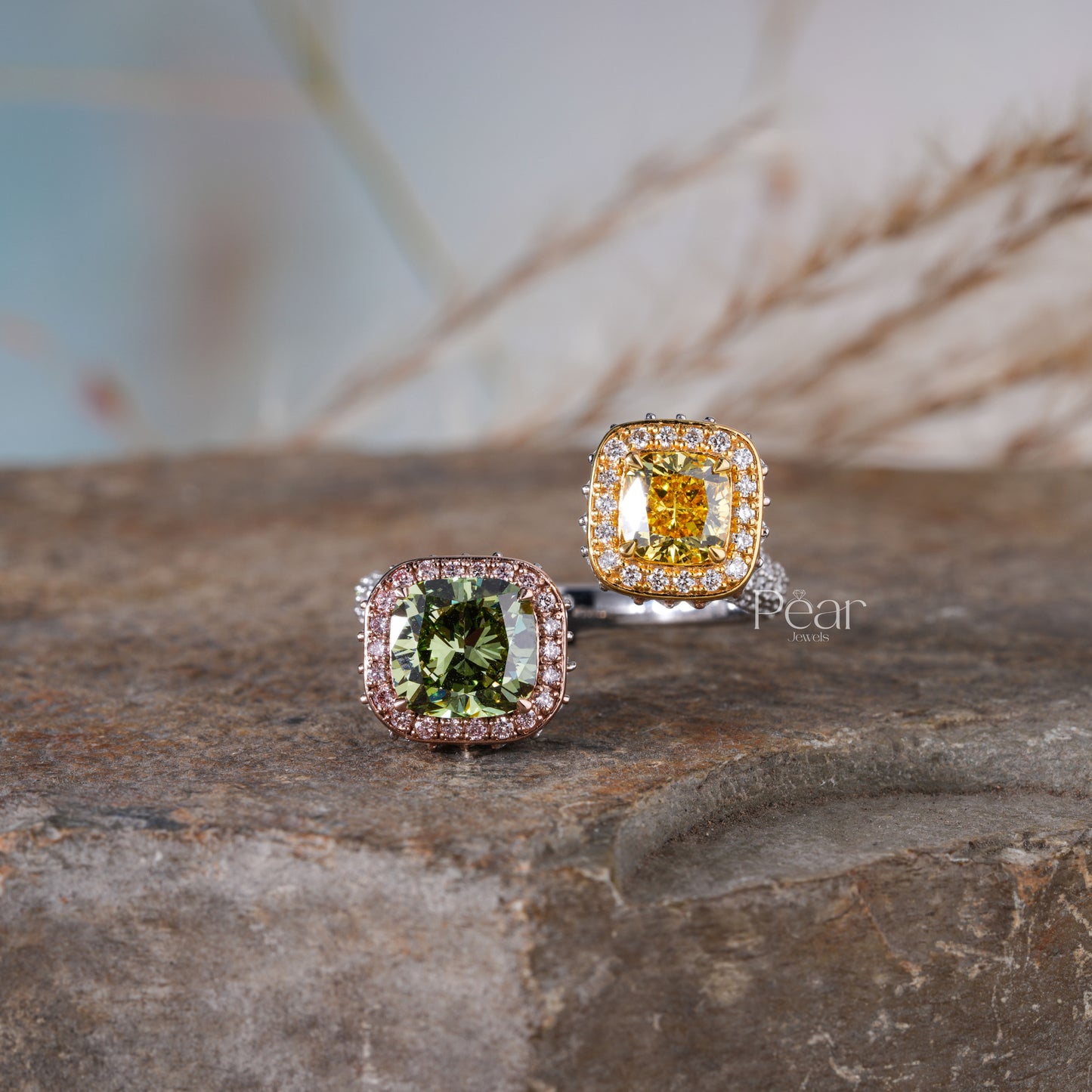 Green & Yellow Cushion Lab grown Toi et Moi Ring - Pear Jewels