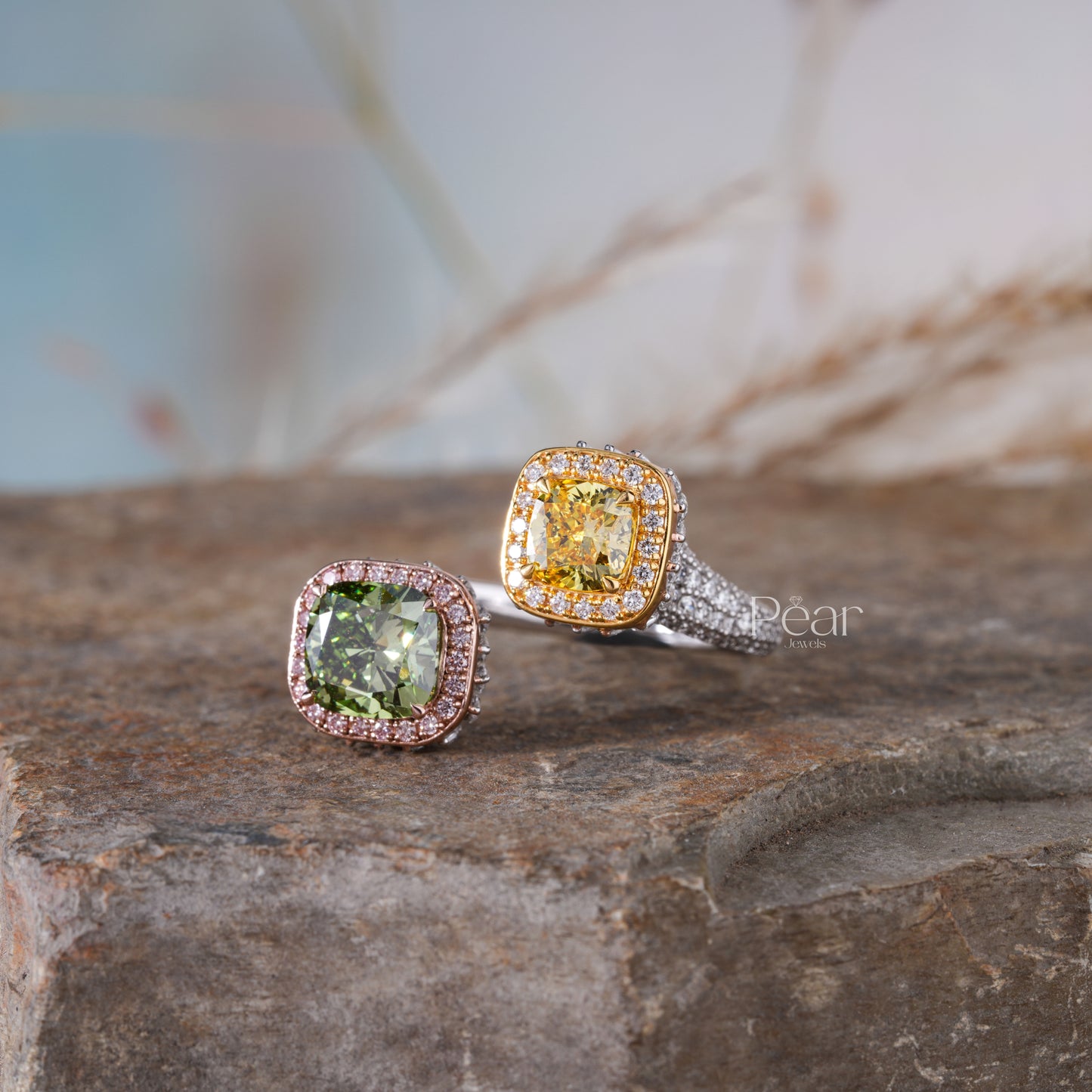 Green & Yellow Cushion Lab grown Toi et Moi Ring - Pear Jewels