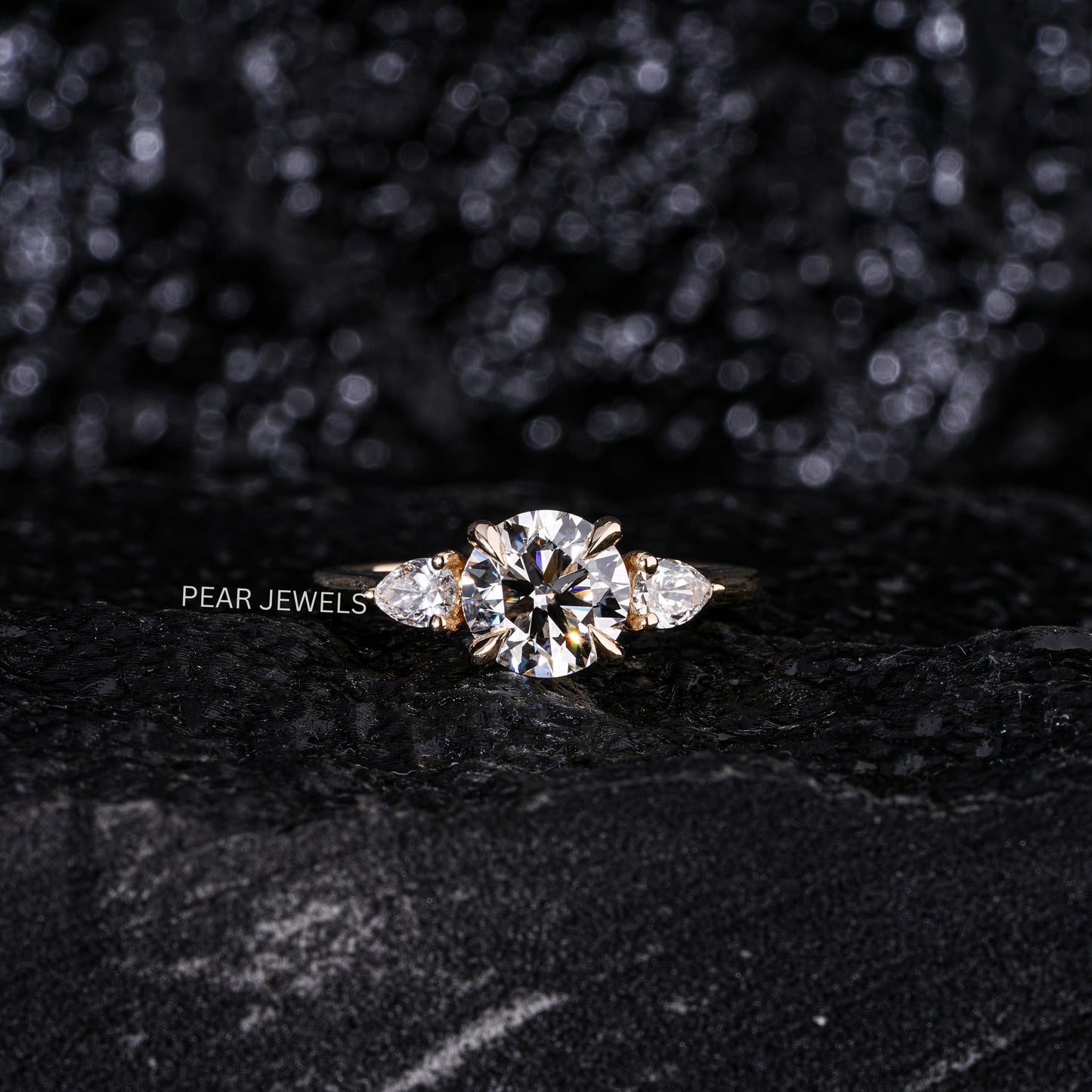 1.5Ct Round & Pear Three Stone Labgrown Diamond Engagement Ring - Pear Jewels