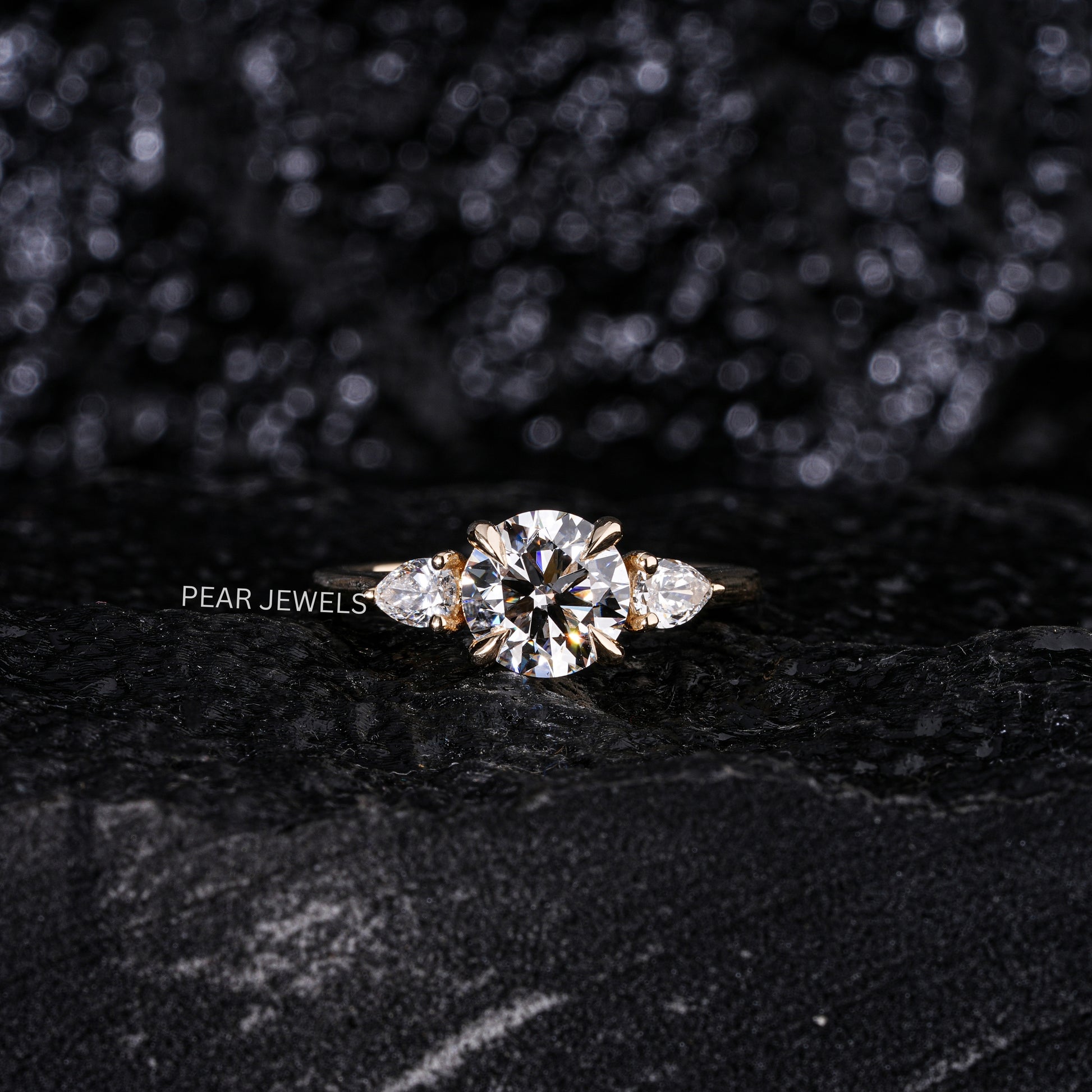 1.5Ct Round & Pear Three Stone Labgrown Diamond Engagement Ring - Pear Jewels