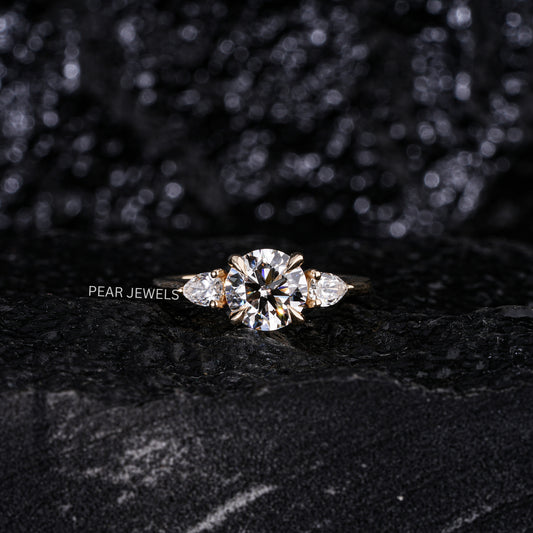 1.5Ct Round & Pear Three Stone Labgrown Diamond Engagement Ring - Pear Jewels
