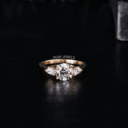1.5Ct Round & Pear Three Stone Labgrown Diamond Engagement Ring - Pear Jewels