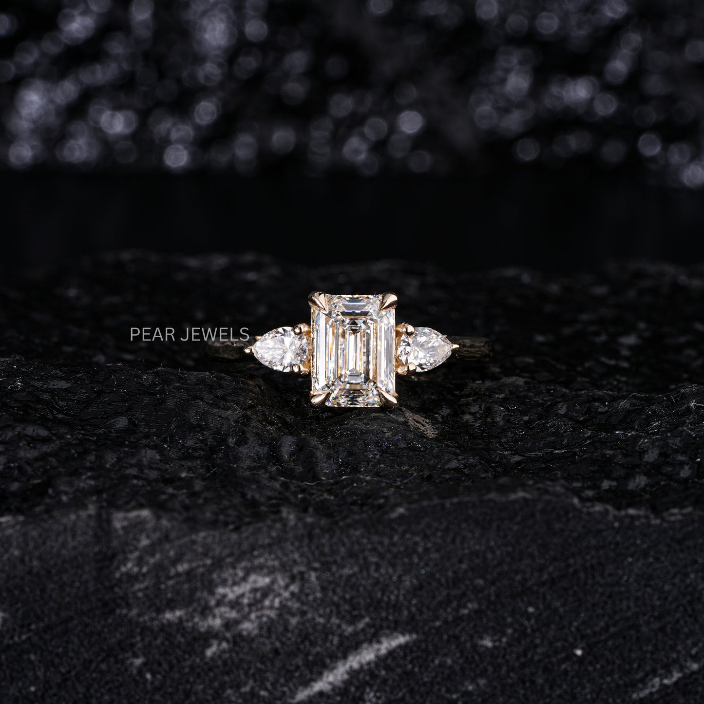 1.5Ct Emerald & Pear Three Stone Labgrown Diamond Engagement Ring - Pear Jewels
