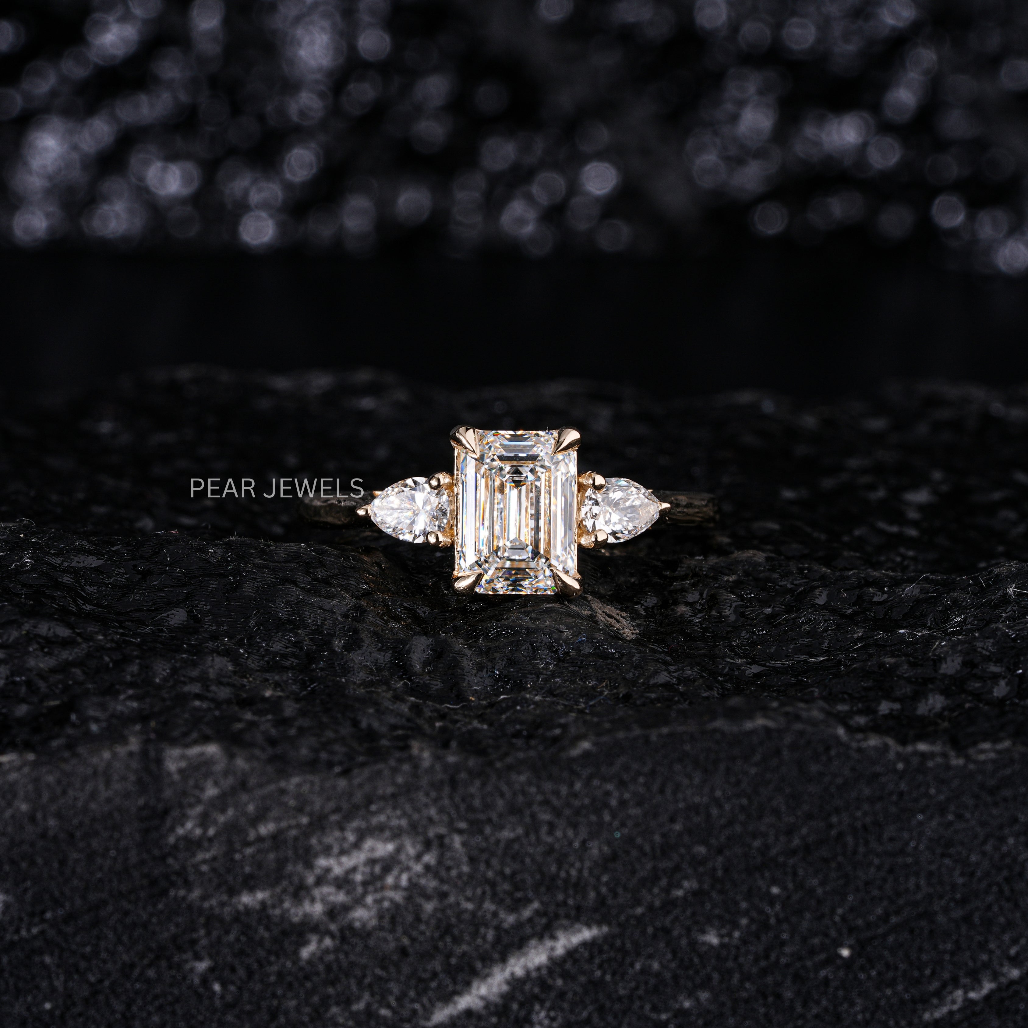 1.5Ct Emerald & Pear Three Stone Labgrown Diamond Engagement Ring - Pear Jewels