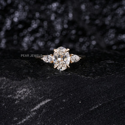 1.5Ct Oval & Pear Three Stone Labgrown Diamond Engagement Ring - Pear Jewels