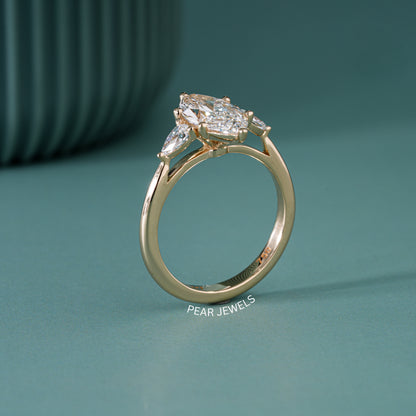 1.80Ct Marquise & Pear Three Stone Labgrown Diamond Engagement Ring - Pear Jewels