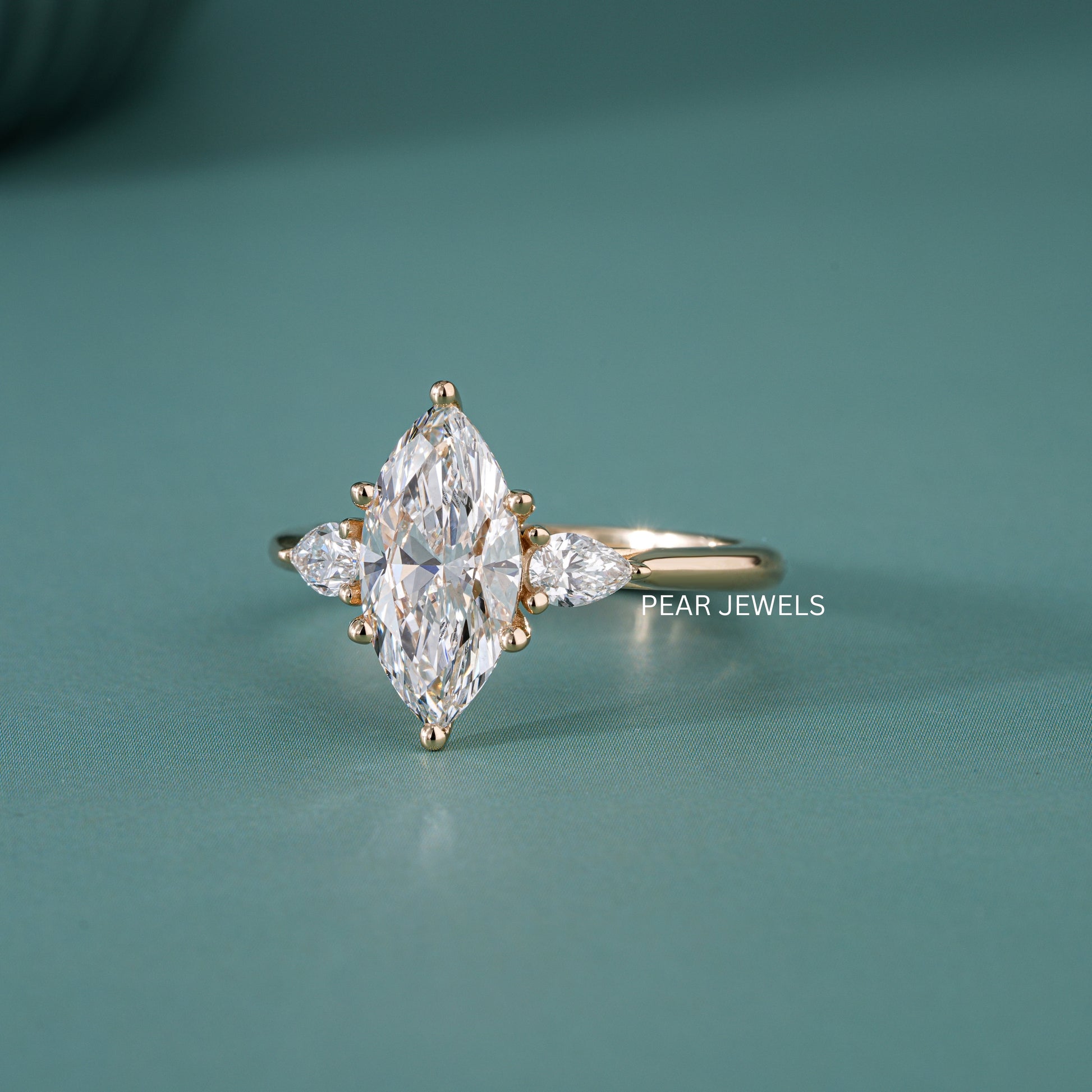 1.80Ct Marquise & Pear Three Stone Labgrown Diamond Engagement Ring - Pear Jewels
