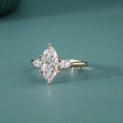 1.80Ct Marquise & Pear Three Stone Labgrown Diamond Engagement Ring - Pear Jewels