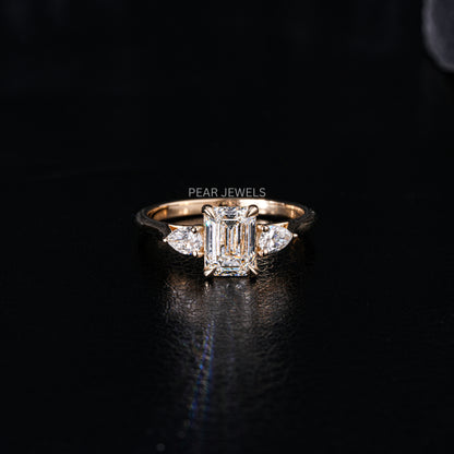 1.5Ct Emerald & Pear Three Stone Labgrown Diamond Engagement Ring - Pear Jewels