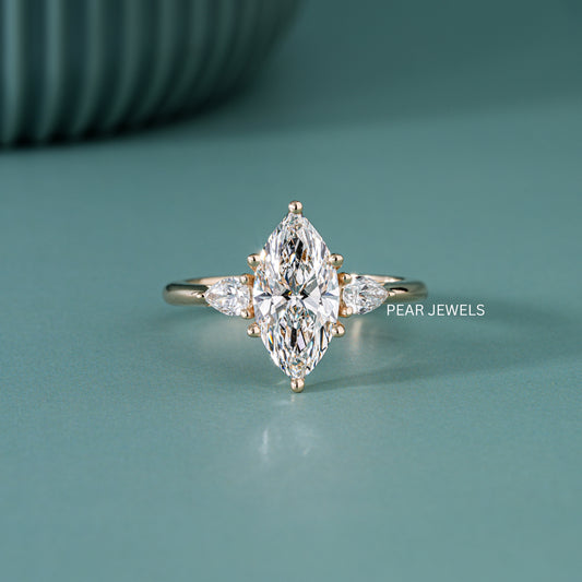 1.80Ct Marquise & Pear Three Stone Labgrown Diamond Engagement Ring - Pear Jewels