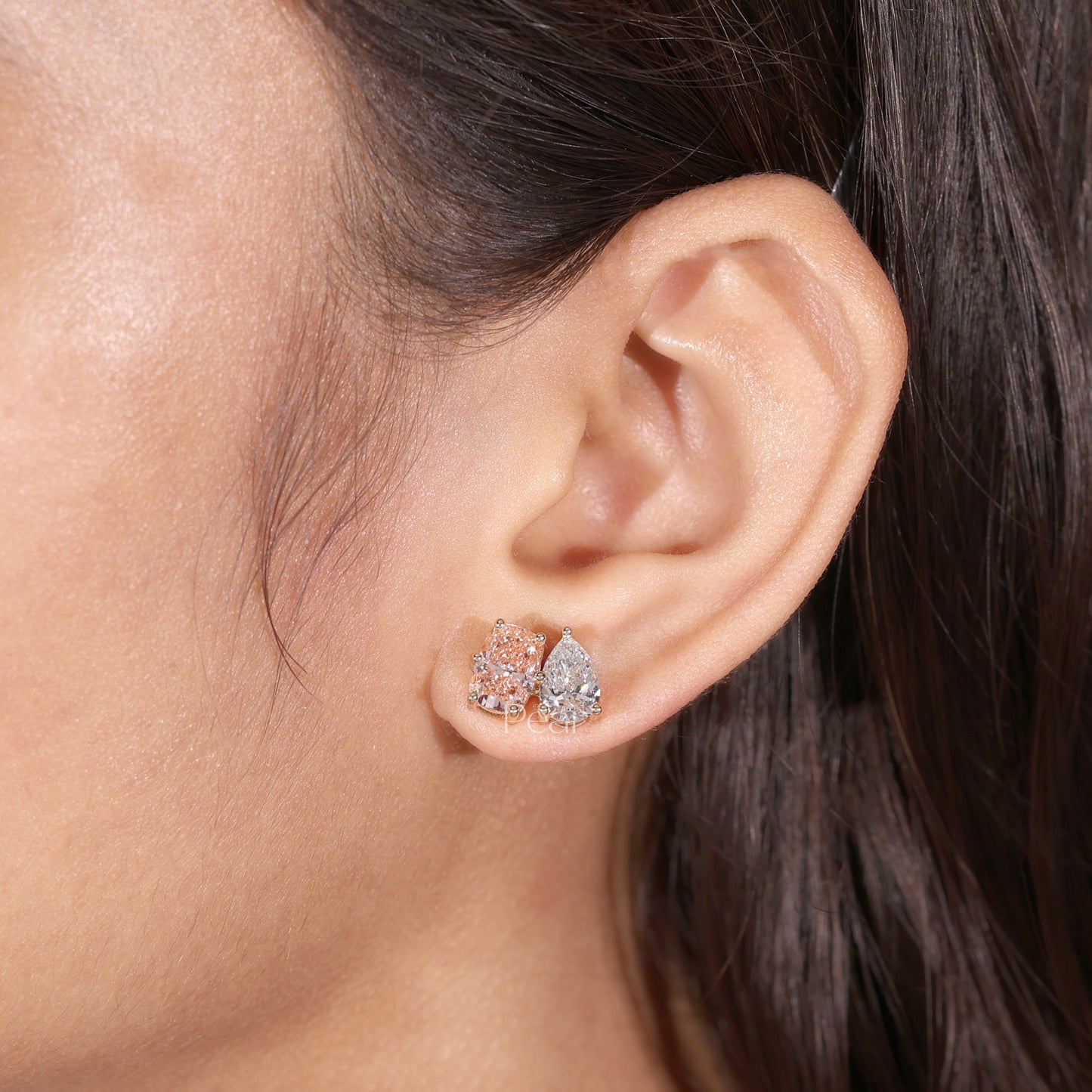 Pear & Pink Cushion Lab Grown Diamond Stud Earrings 5CTW – Two Tone Statement Earrings