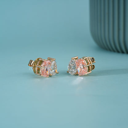Pear & Pink Cushion Lab Grown Diamond Stud Earrings 5CTW – Two Tone Statement Earrings