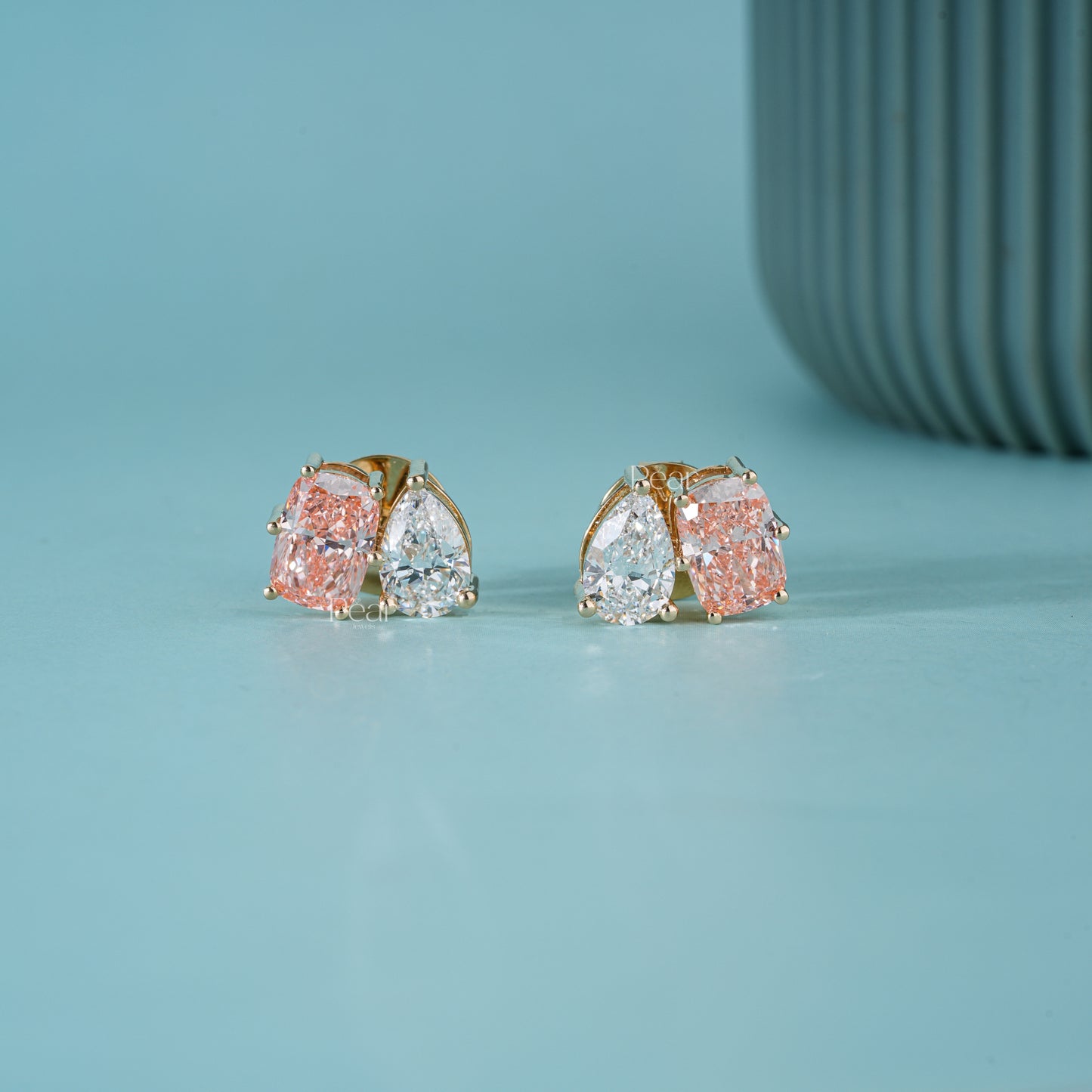 Pear & Pink Cushion Lab Grown Diamond Stud Earrings 5CTW – Two Tone Statement Earrings
