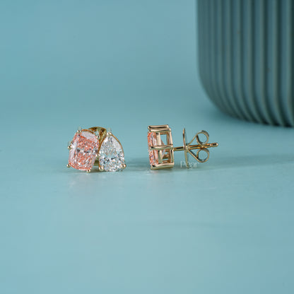 Pear & Pink Cushion Lab Grown Diamond Stud Earrings 5CTW – Two Tone Statement Earrings