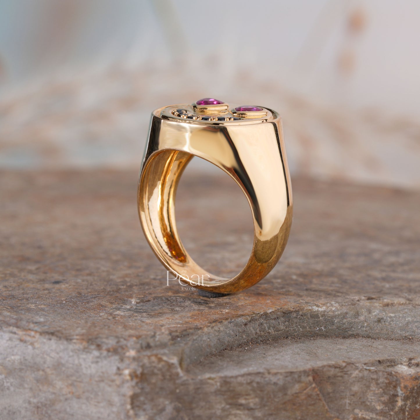 Smiley Signet Ring With Lab grown Diamond & Gemstones - Pear Jewels