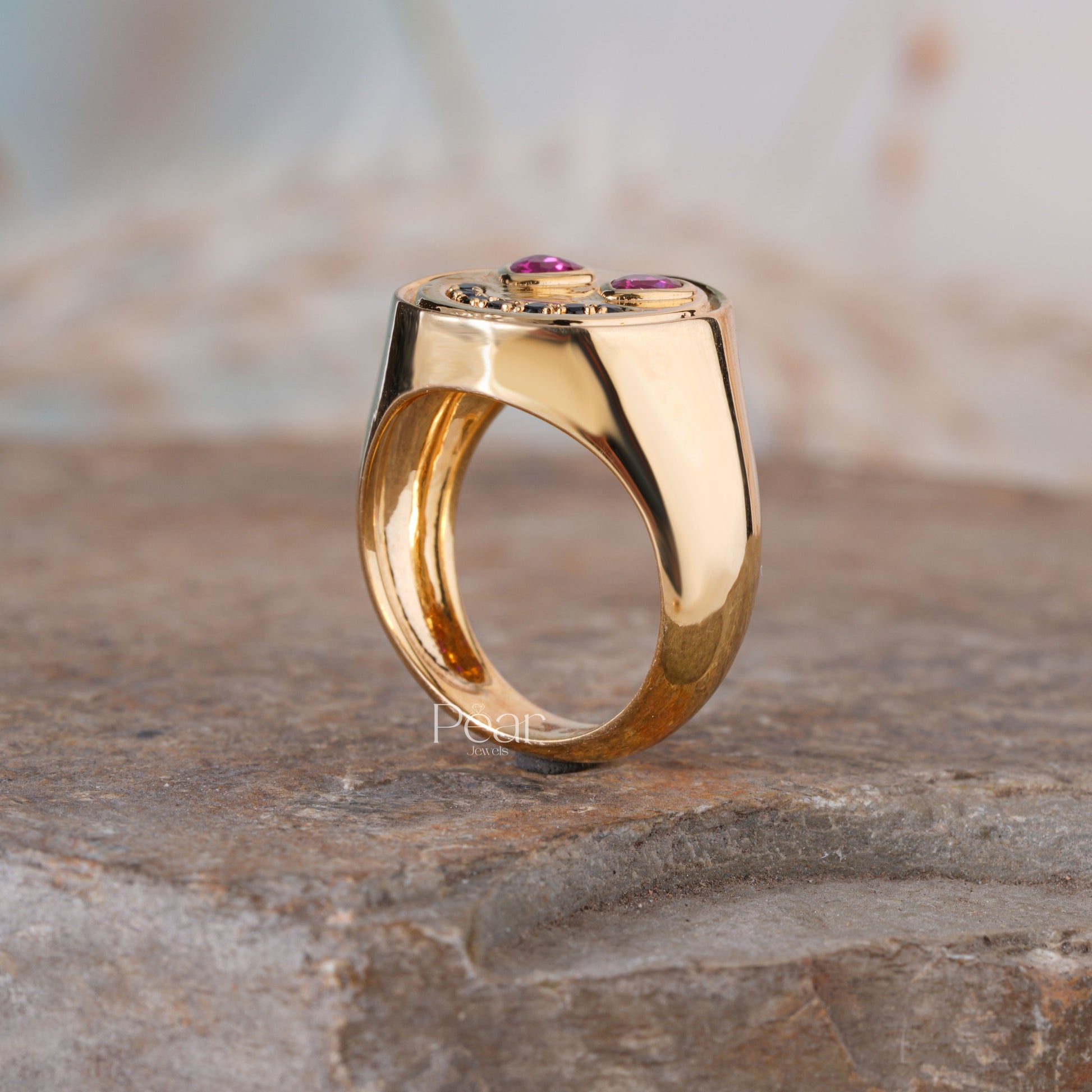 Smiley Signet Ring With Lab grown Diamond & Gemstones - Pear Jewels