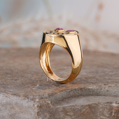 Smiley Signet Ring With Lab grown Diamond & Gemstones - Pear Jewels