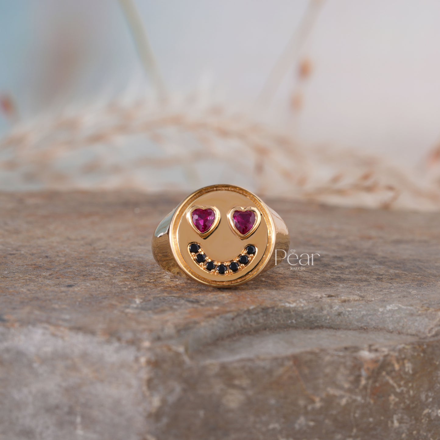 Smiley Signet Ring With Lab grown Diamond & Gemstones - Pear Jewels