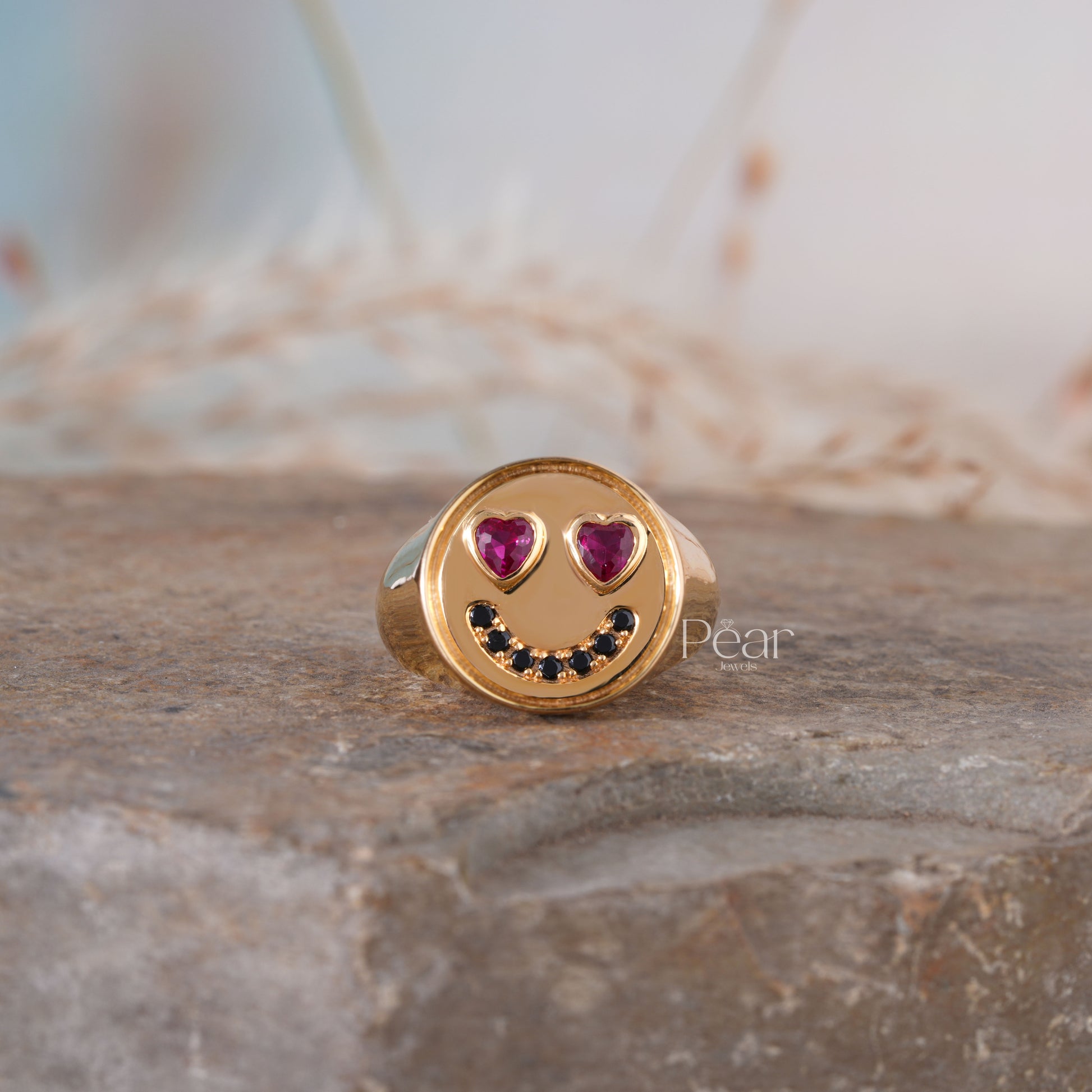 Smiley Signet Ring With Lab grown Diamond & Gemstones - Pear Jewels