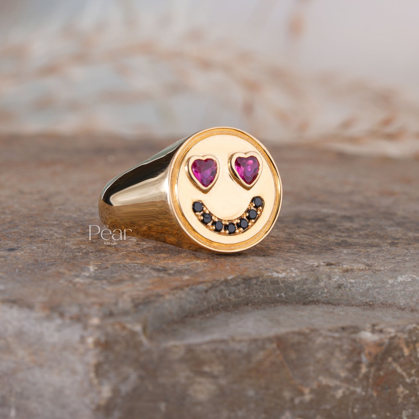 Smiley Signet Ring With Lab grown Diamond & Gemstones - Pear Jewels