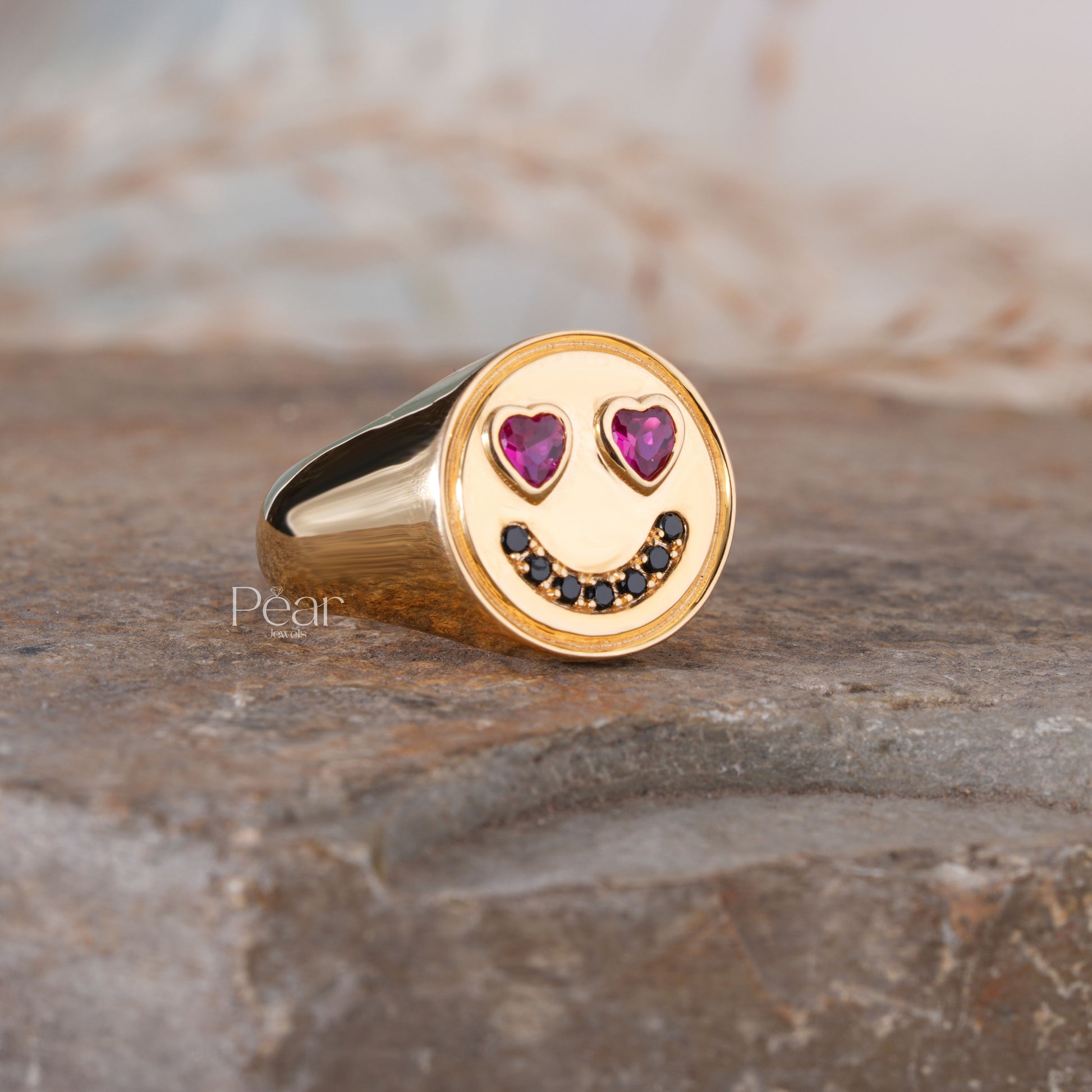Smiley Signet Ring With Lab grown Diamond & Gemstones - Pear Jewels