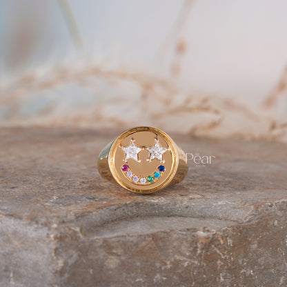 Smiley Signet Ring With Lab grown Diamond & Gemstones - Pear Jewels