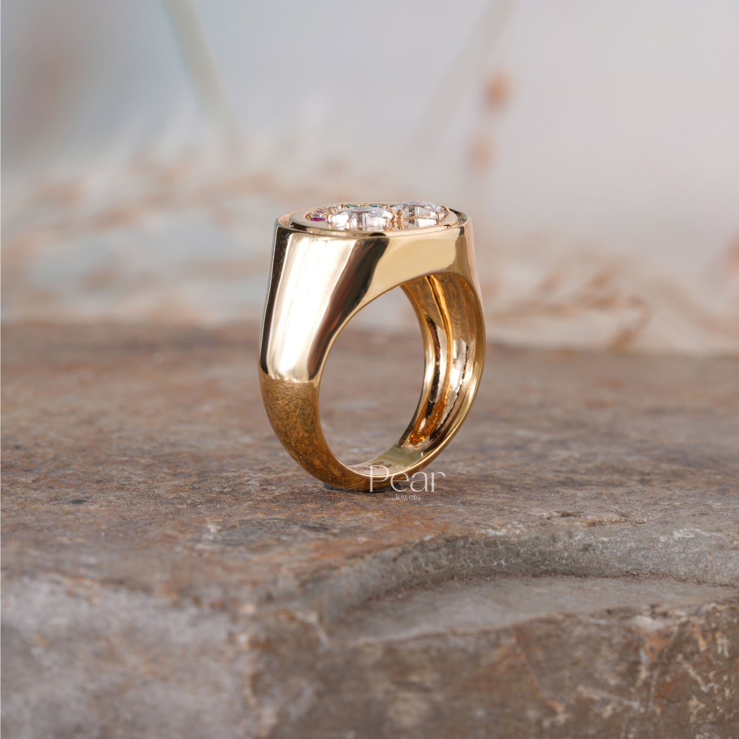 Smiley Signet Ring With Lab grown Diamond & Gemstones - Pear Jewels