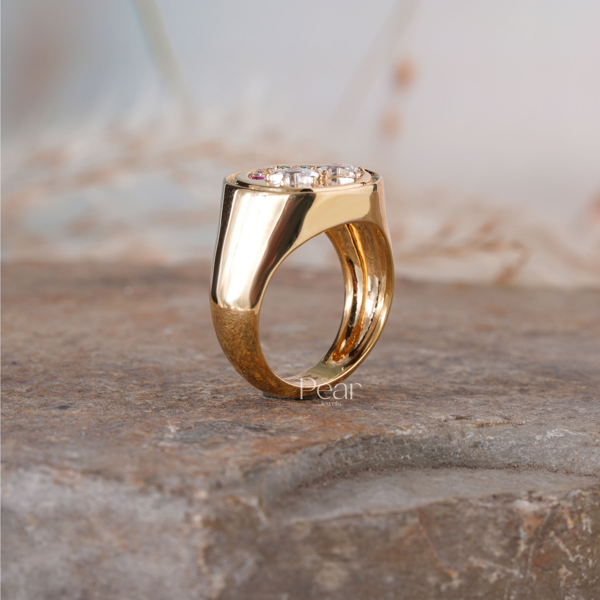 Smiley Signet Ring With Lab grown Diamond & Gemstones - Pear Jewels