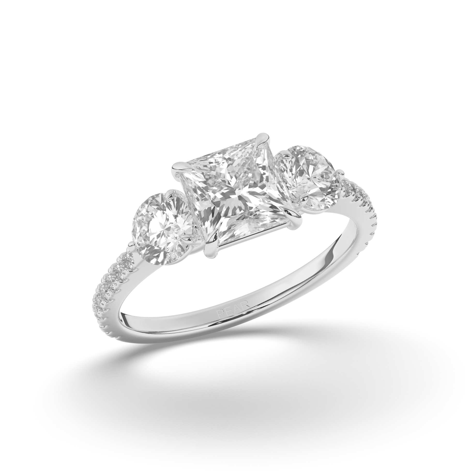 Three-Stone Princess Cut Lab-Grown Diamond Ring with Round Accents - Pear Jewels
