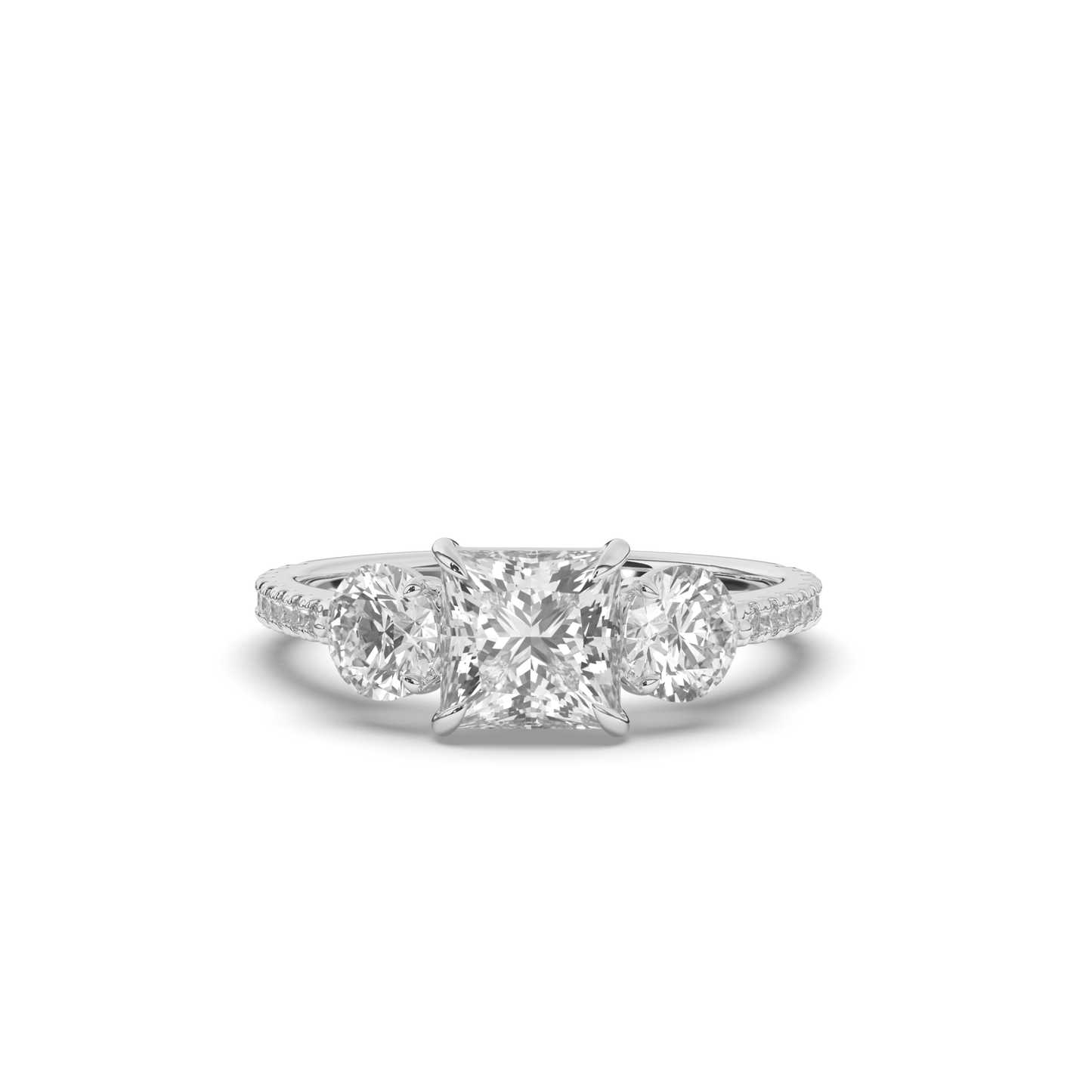 Three-Stone Princess Cut Lab-Grown Diamond Ring with Round Accents - Pear Jewels