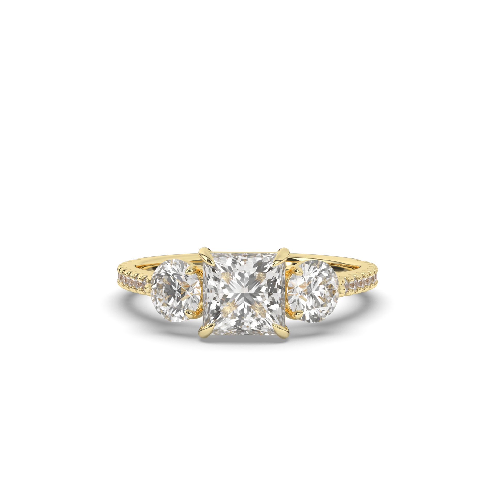 Three-Stone Princess Cut Lab-Grown Diamond Ring with Round Accents - Pear Jewels