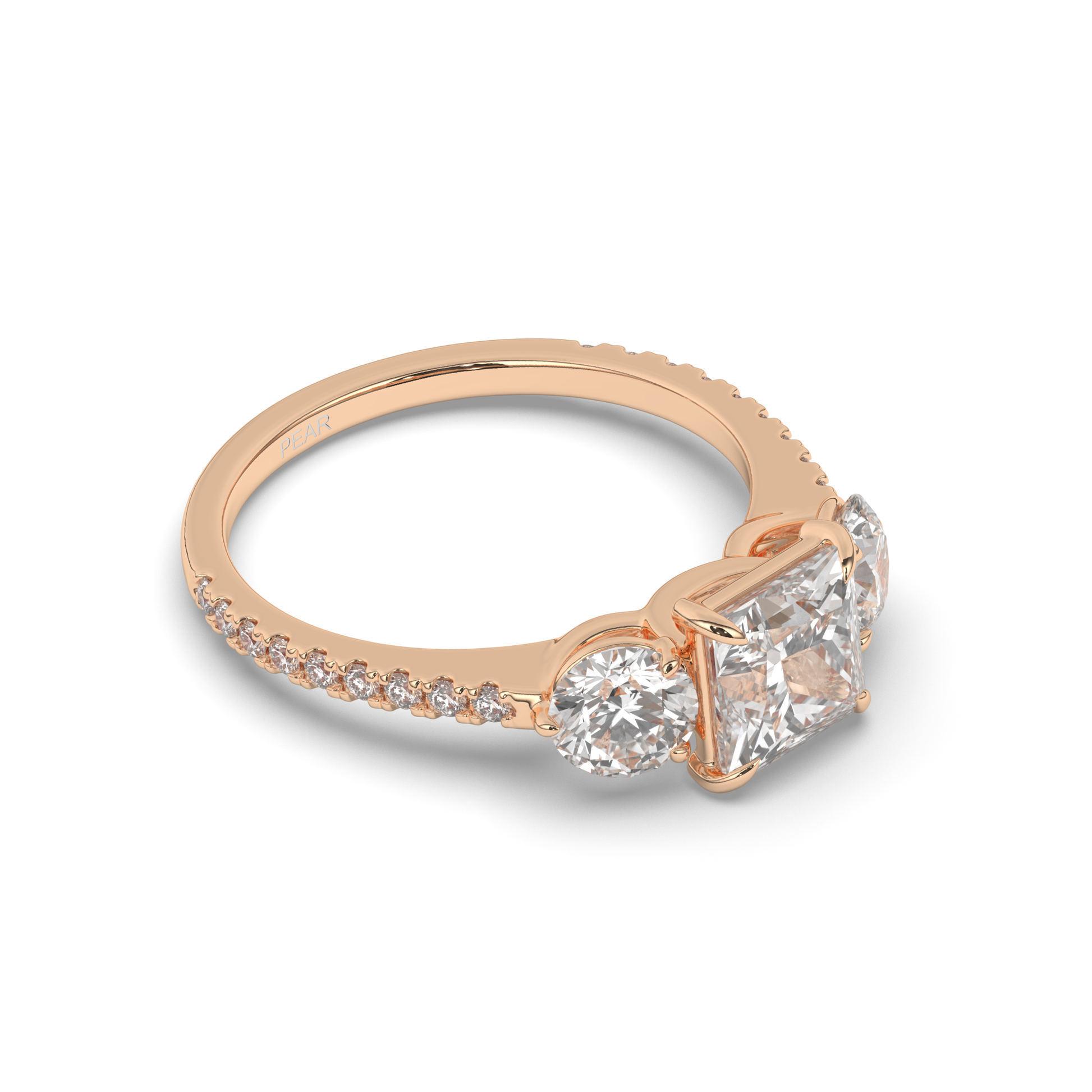 Three-Stone Princess Cut Lab-Grown Diamond Ring with Round Accents - Pear Jewels