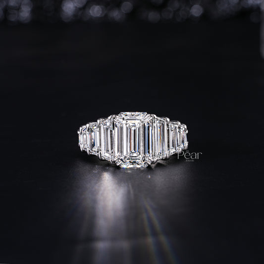 3.0Ct Emerald & Trapezoid Labgrown Diamond Ring - Pear Jewels