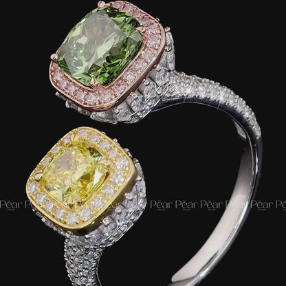Green & Yellow Cushion Lab grown Toi et Moi Engagement Ring